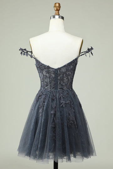 Lindo A Line Spaghetti Straps Grey Short Homecoming Dress con apliques